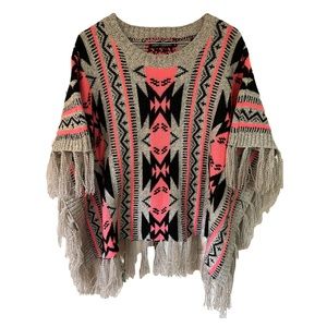 Pink & Tan Poncho with Tassels